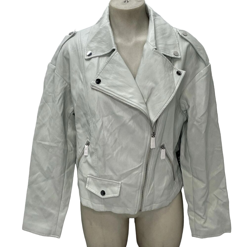 NEW EXPRESS Women's Faux Leather Cropped Moto Jacket Ice Blue Size L